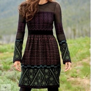 Peruvian Connection Black Pima Knit Multicolor Long Sleeve Sweater Dress Small